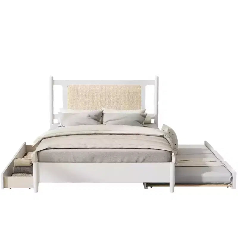 Letto a piattaforma Queen Size in Rattan con letto estraibile, Struttura letto matrimoniale in legno con 2 grandi cassetti portaoggetti