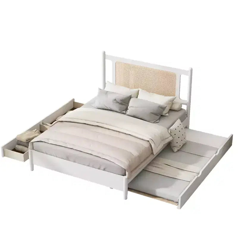 Letto a piattaforma Queen Size in Rattan con letto estraibile, Struttura letto matrimoniale in legno con 2 grandi cassetti portaoggetti