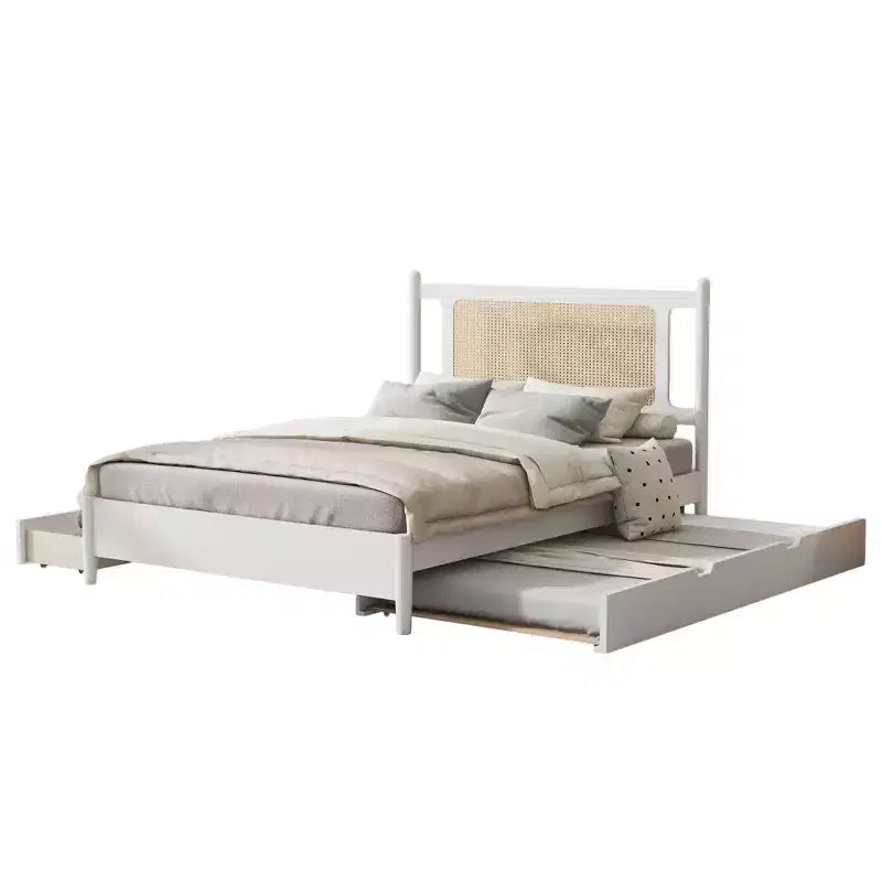 Letto a piattaforma Queen Size in Rattan con letto estraibile, Struttura letto matrimoniale in legno con 2 grandi cassetti portaoggetti