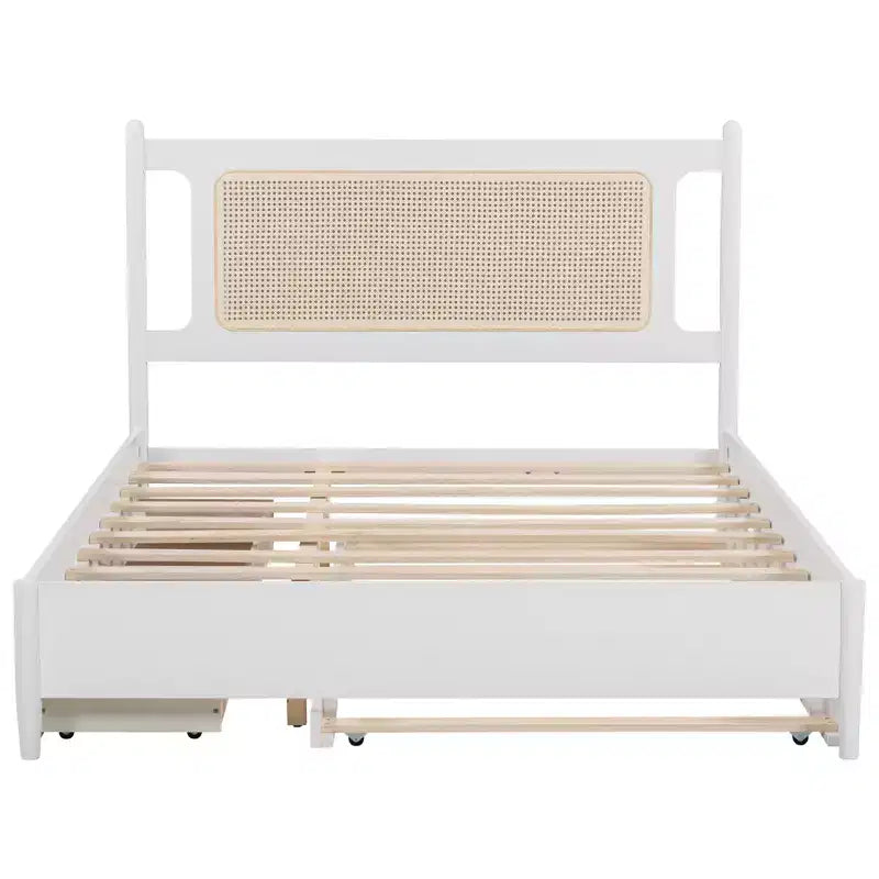 Letto a piattaforma Queen Size in Rattan con letto estraibile, Struttura letto matrimoniale in legno con 2 grandi cassetti portaoggetti