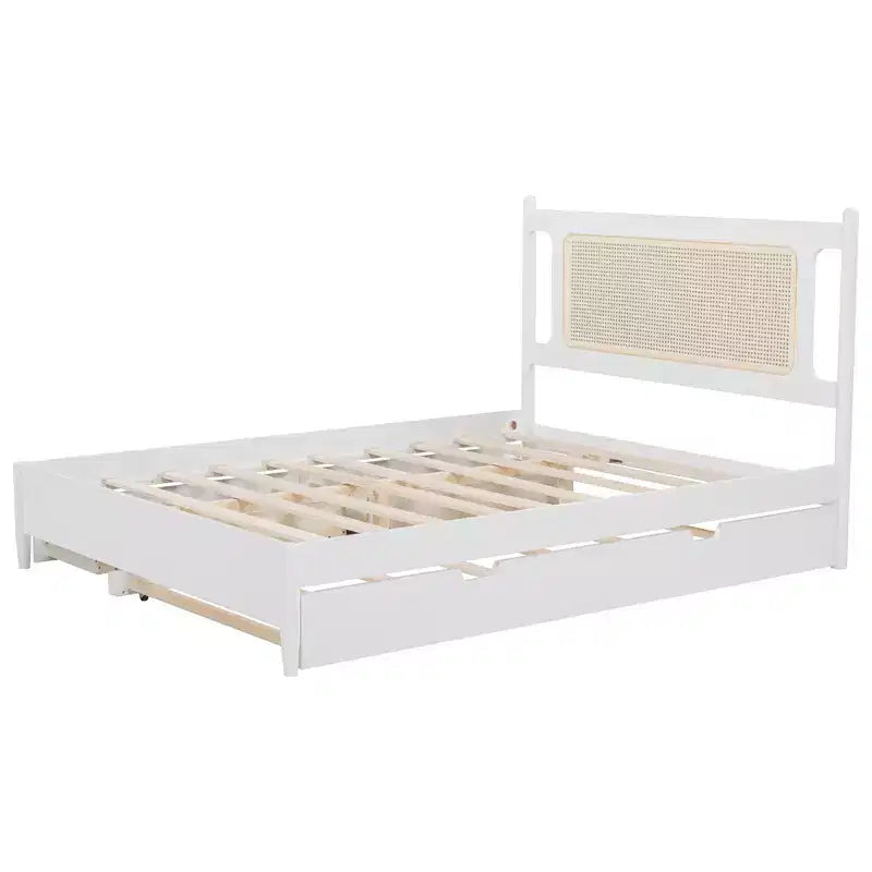 Letto a piattaforma Queen Size in Rattan con letto estraibile, Struttura letto matrimoniale in legno con 2 grandi cassetti portaoggetti
