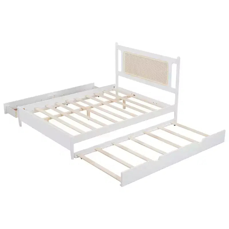 Letto a piattaforma Queen Size in Rattan con letto estraibile, Struttura letto matrimoniale in legno con 2 grandi cassetti portaoggetti