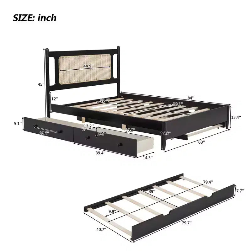 Letto a piattaforma Queen Size in Rattan con letto estraibile, Struttura letto matrimoniale in legno con 2 grandi cassetti portaoggetti