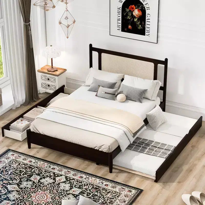 Letto a piattaforma Queen Size in Rattan con letto estraibile, Struttura letto matrimoniale in legno con 2 grandi cassetti portaoggetti