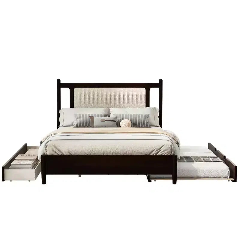 Letto a piattaforma Queen Size in Rattan con letto estraibile, Struttura letto matrimoniale in legno con 2 grandi cassetti portaoggetti