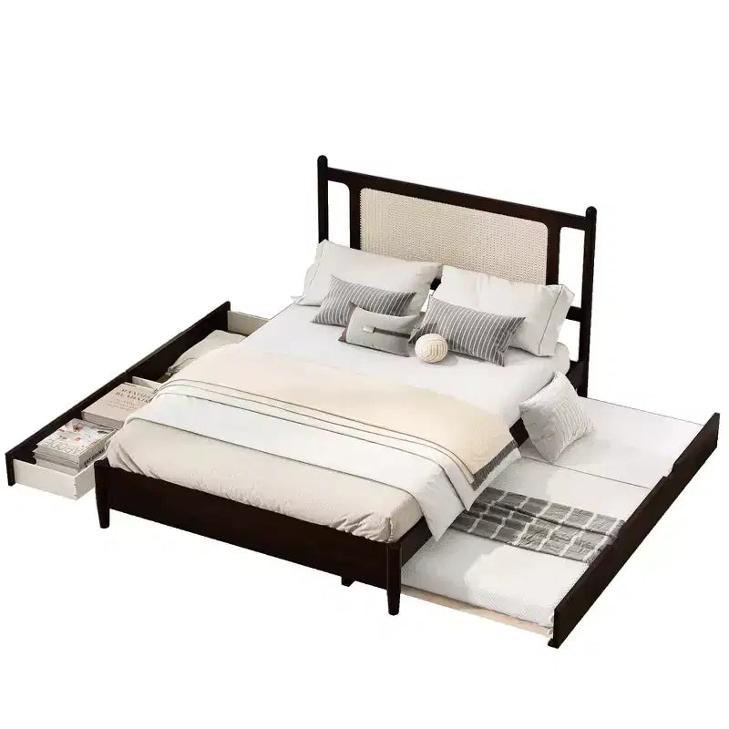 Letto a piattaforma Queen Size in Rattan con letto estraibile, Struttura letto matrimoniale in legno con 2 grandi cassetti portaoggetti