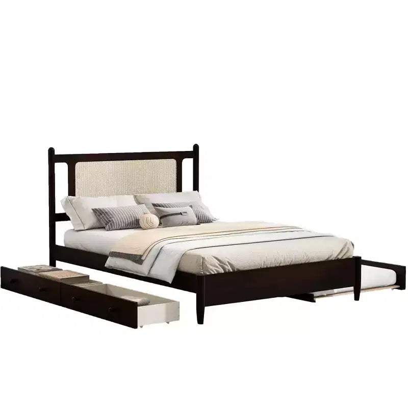 Letto a piattaforma Queen Size in Rattan con letto estraibile, Struttura letto matrimoniale in legno con 2 grandi cassetti portaoggetti