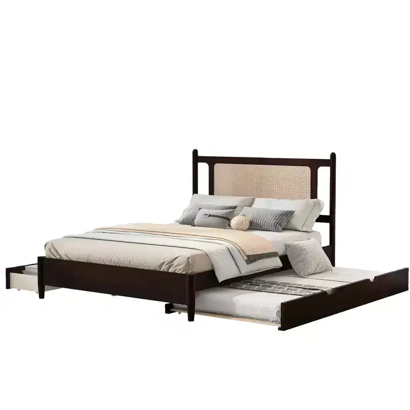 Letto a piattaforma Queen Size in Rattan con letto estraibile, Struttura letto matrimoniale in legno con 2 grandi cassetti portaoggetti