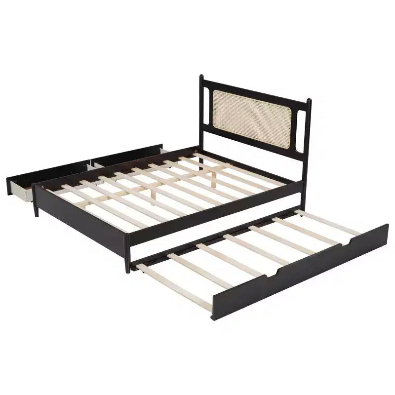 Letto a piattaforma Queen Size in Rattan con letto estraibile, Struttura letto matrimoniale in legno con 2 grandi cassetti portaoggetti