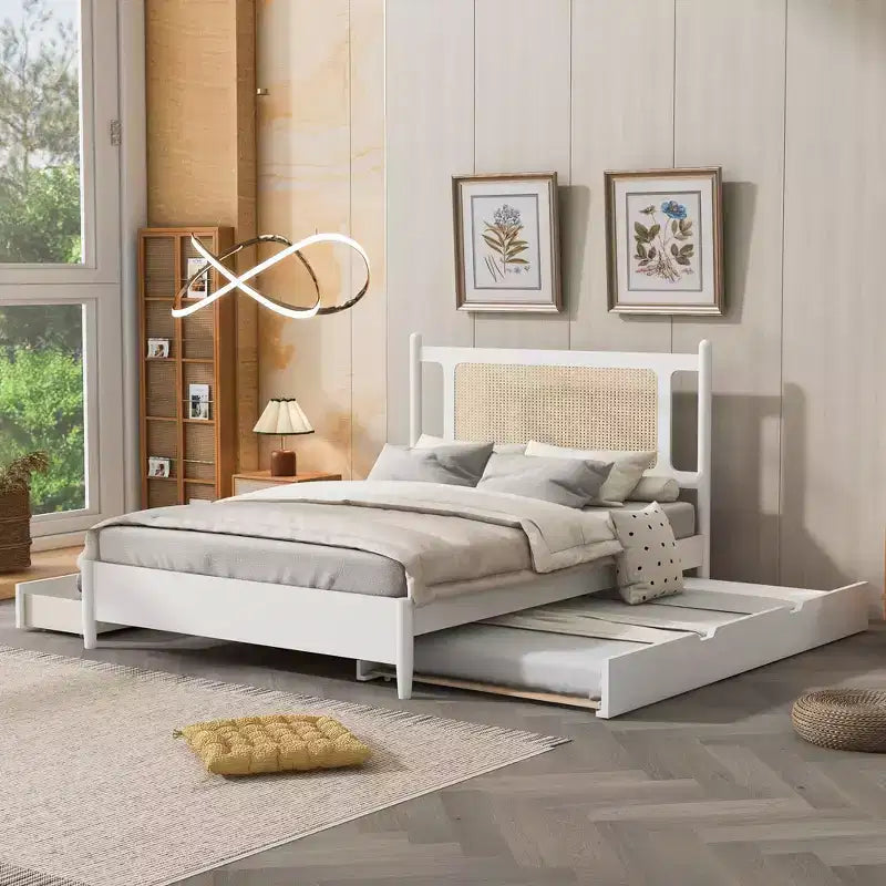 Letto a piattaforma Queen Size in Rattan con letto estraibile, Struttura letto matrimoniale in legno con 2 grandi cassetti portaoggetti