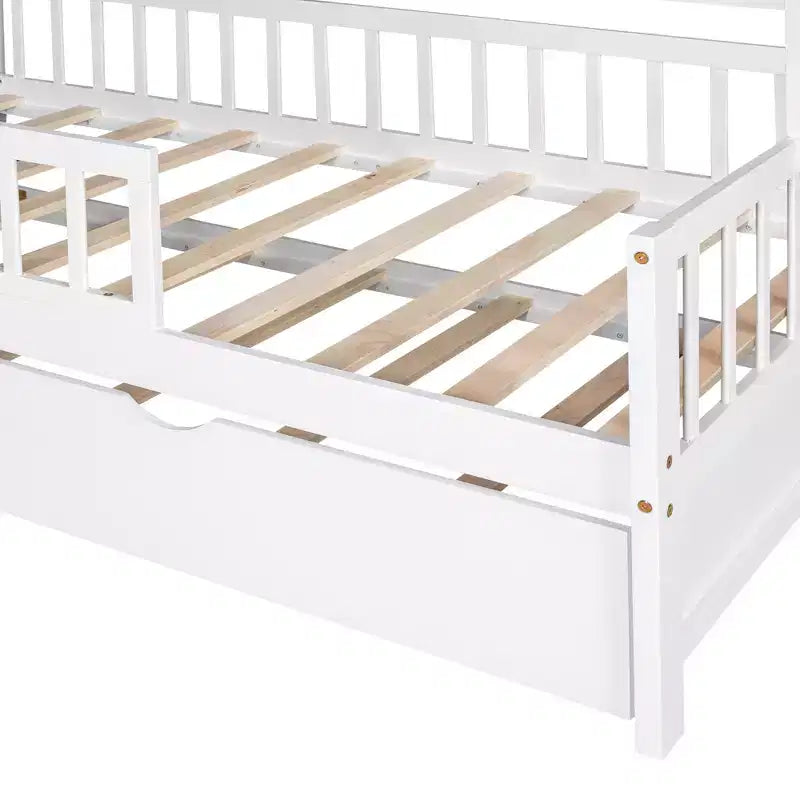 Letto a capanna con letto estraibile e ripiani, letto a piattaforma per bambini con sponde, struttura in legno a forma di tenda da gioco per ragazze e ragazzi, bianco