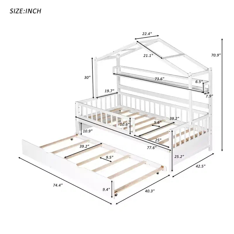 Letto a capanna con letto estraibile e ripiani, letto a piattaforma per bambini con sponde, struttura in legno a forma di tenda da gioco per ragazze e ragazzi, bianco
