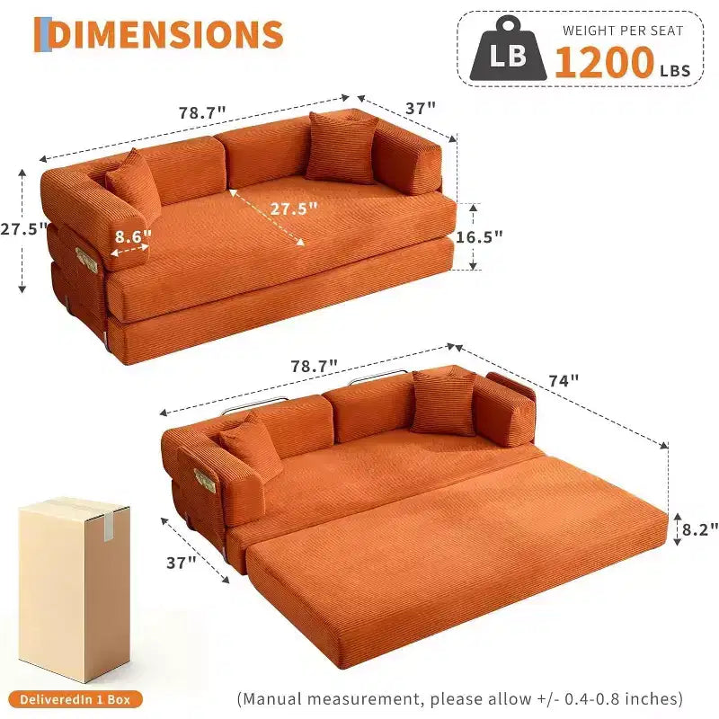 Divano Letto Convertibile in Velluto a Coste COZONY, Divano Pieghevole da Terra con Cuscini, Nessun Montaggio Richiesto per Soggiorno Camera da Letto Dormitorio