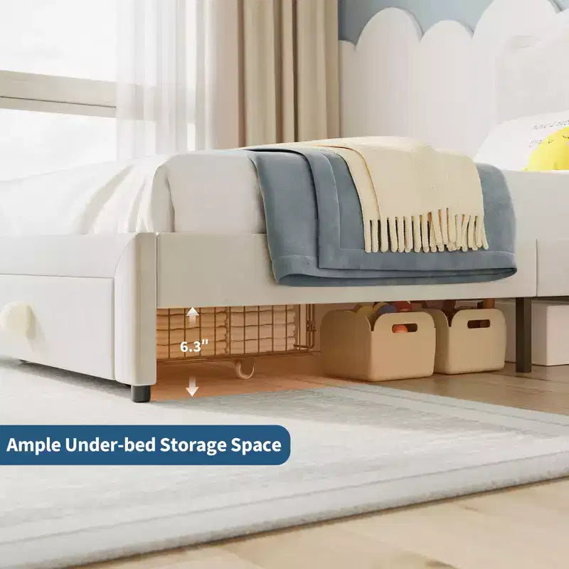 Struttura letto singolo imbottita per bambini con cassetti portaoggetti e testiera smerlata, robuste doghe in legno per supporto, mobili per la camera dei bambini
