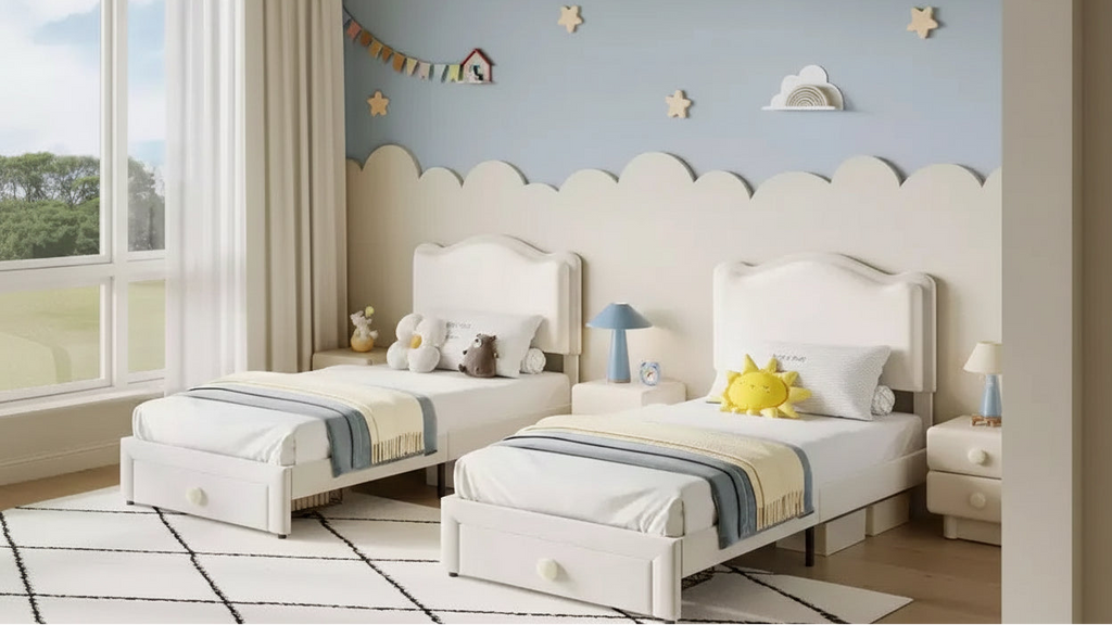 Struttura letto singolo imbottita per bambini con cassetti portaoggetti e testiera smerlata, robuste doghe in legno per supporto, mobili per la camera dei bambini