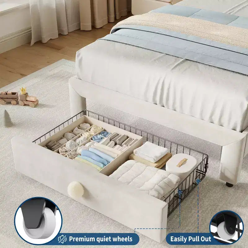 Struttura letto singolo imbottita per bambini con cassetti portaoggetti e testiera smerlata, robuste doghe in legno per supporto, mobili per la camera dei bambini