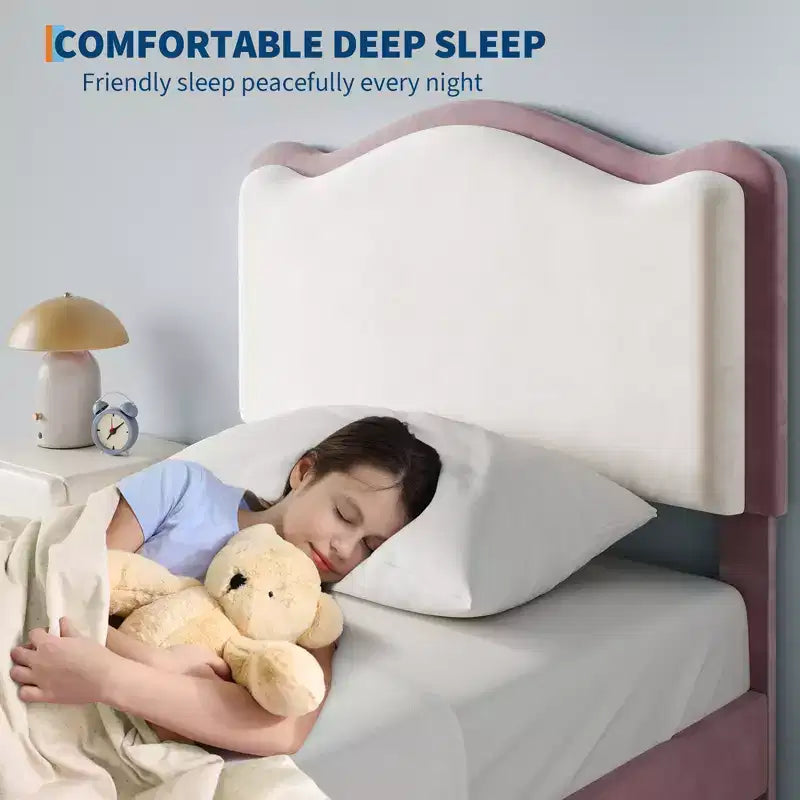 Struttura letto singolo imbottita per bambini con cassetti portaoggetti e testiera smerlata, robuste doghe in legno per supporto, mobili per la camera dei bambini