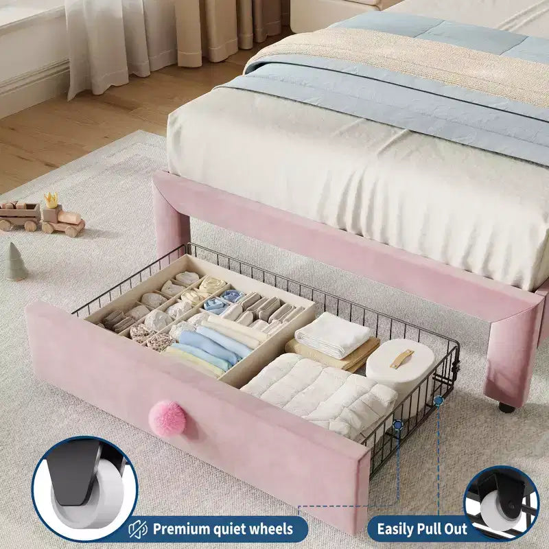 Struttura letto singolo imbottita per bambini con cassetti portaoggetti e testiera smerlata, robuste doghe in legno per supporto, mobili per la camera dei bambini