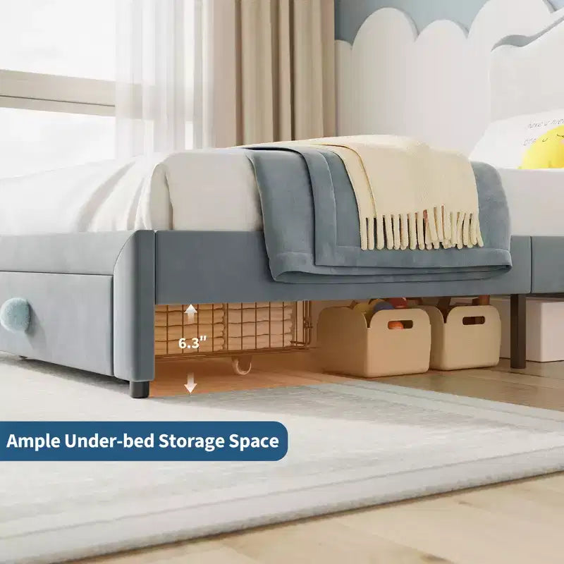 Struttura letto singolo imbottita per bambini con cassetti portaoggetti e testiera smerlata, robuste doghe in legno per supporto, mobili per la camera dei bambini