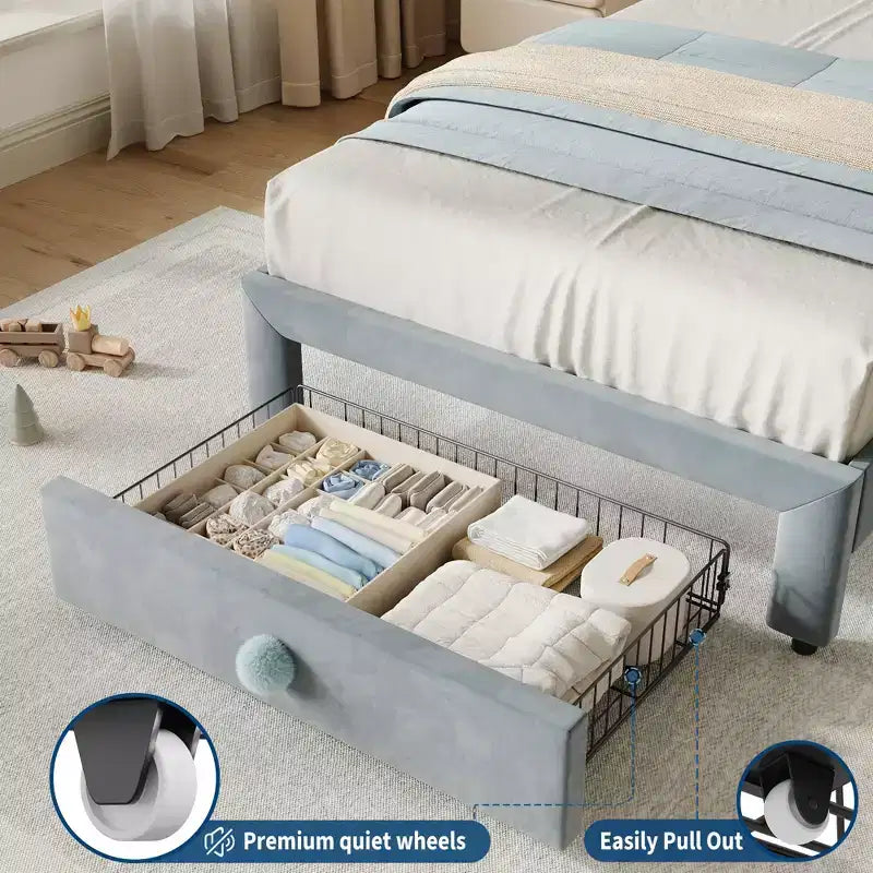 Struttura letto singolo imbottita per bambini con cassetti portaoggetti e testiera smerlata, robuste doghe in legno per supporto, mobili per la camera dei bambini