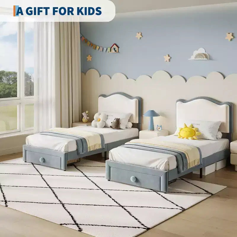 Struttura letto singolo imbottita per bambini con cassetti portaoggetti e testiera smerlata, robuste doghe in legno per supporto, mobili per la camera dei bambini