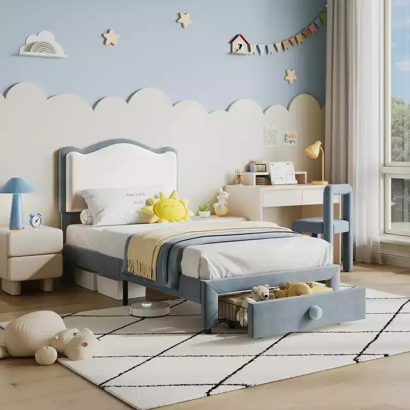 Upholstered Single Children's Bed Frame with Storage Drawers and Scalloped Headboard, Sturdy Wooden Slats for Support, Children's Bedroom Furniture