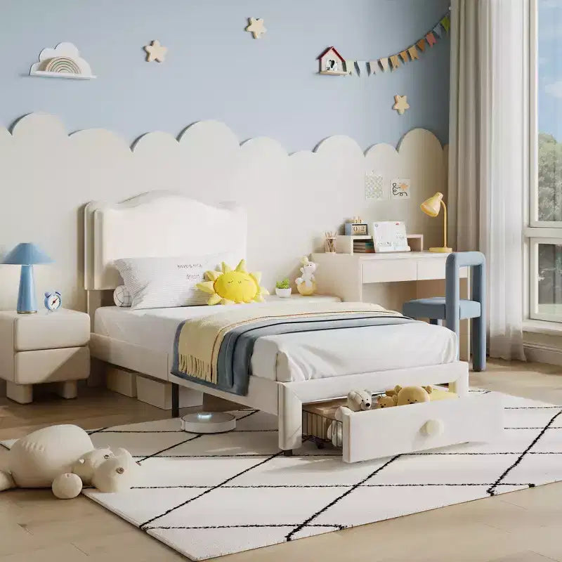 Struttura letto singolo imbottita per bambini con cassetti portaoggetti e testiera smerlata, robuste doghe in legno per supporto, mobili per la camera dei bambini