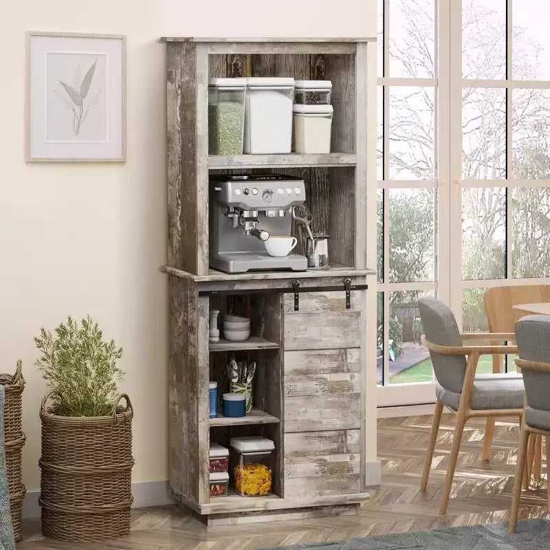 Credenza da Cucina Rustica a Colonna con Vetrina, Mobile Dispensa con Anta Scorrevole a Fienile, Ripiano Regolabile, Legno Vintage