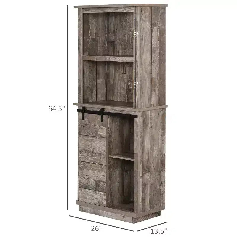 Credenza da Cucina Rustica a Colonna con Vetrina, Mobile Dispensa con Anta Scorrevole a Fienile, Ripiano Regolabile, Legno Vintage