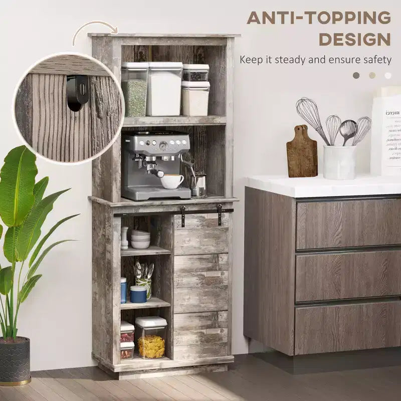 Credenza da Cucina Rustica a Colonna con Vetrina, Mobile Dispensa con Anta Scorrevole a Fienile, Ripiano Regolabile, Legno Vintage