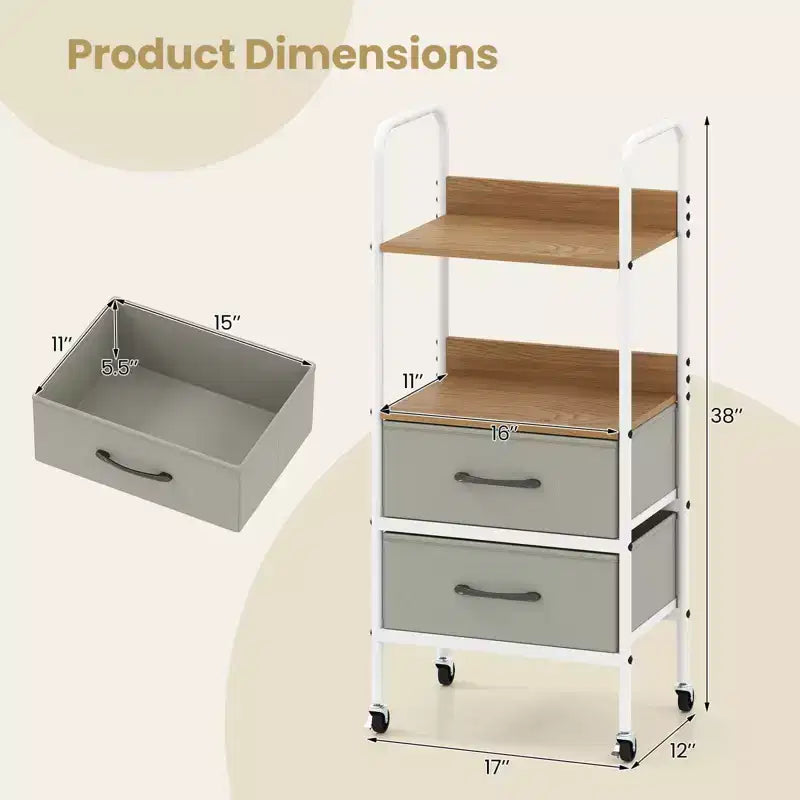 Carrello portaoggetti multiuso con 2 ripiani aperti e 2 cassetti in tessuto - Organizzatore per camera da letto