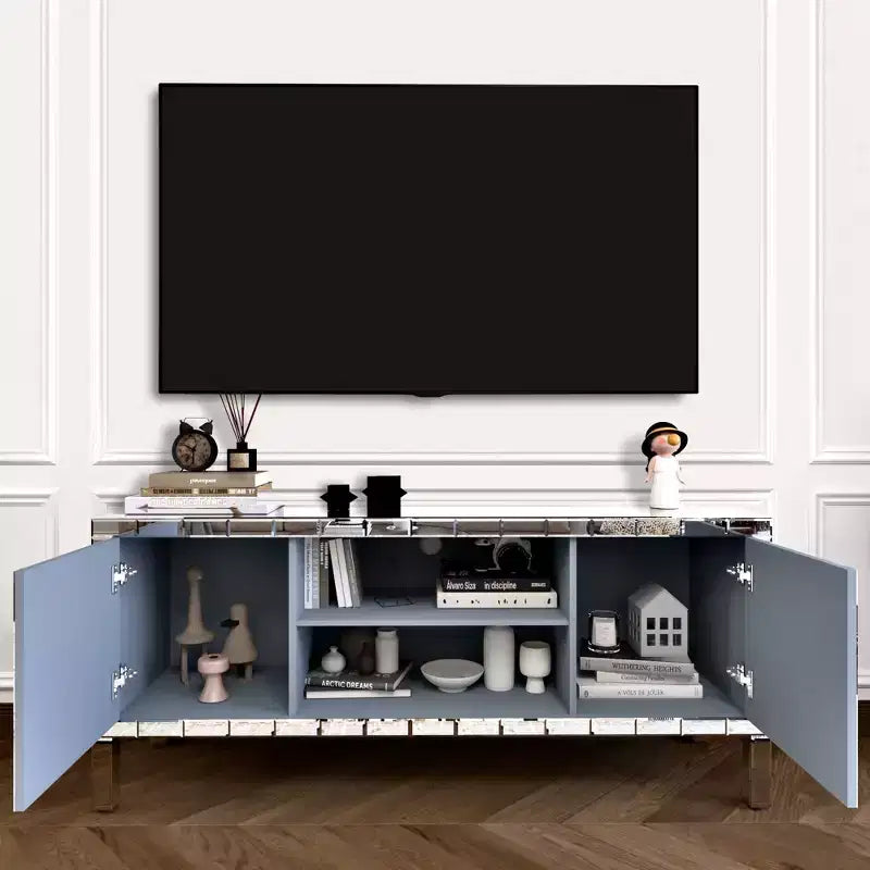 Mobile TV per TV fino a 65 pollici con ante a specchio e spazio contenitore