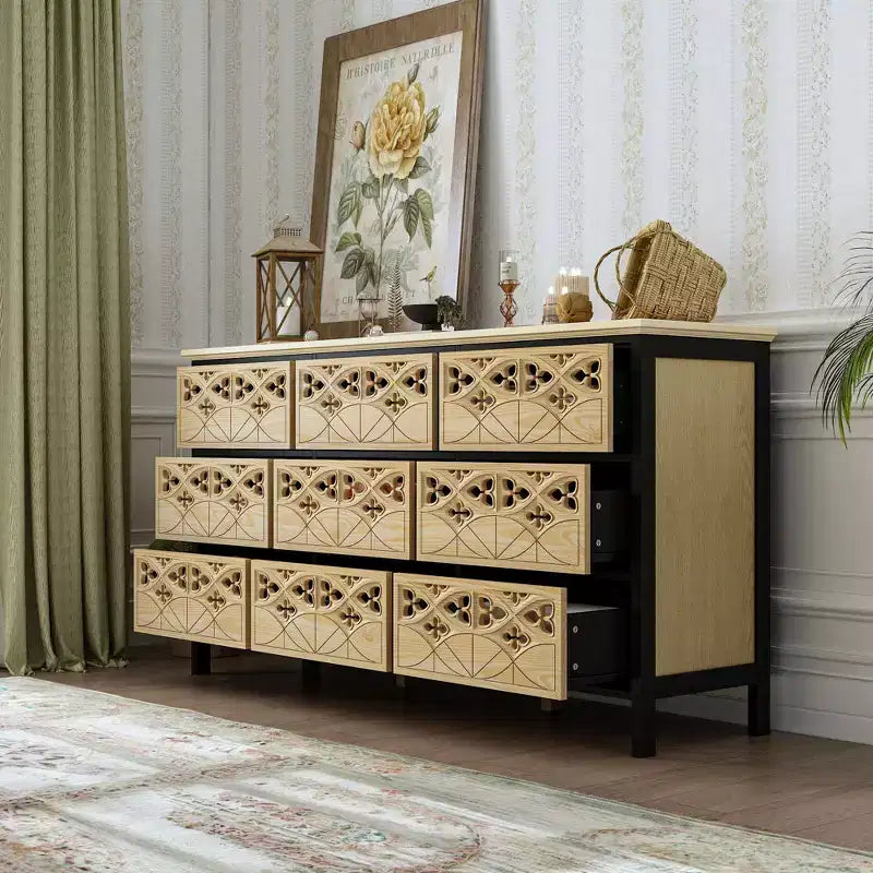 Cassettiera a 9 cassetti con rilievi incisi a mano - Credenza e armadietto multiuso
