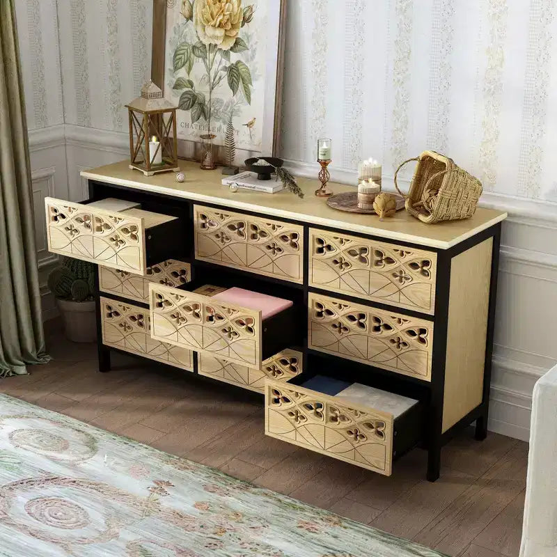 Cassettiera a 9 cassetti con rilievi incisi a mano - Credenza e armadietto multiuso