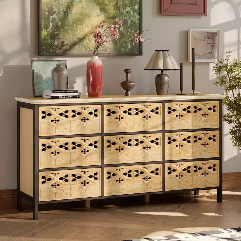 Cassettiera a 9 cassetti con rilievi incisi a mano - Credenza e armadietto multiuso