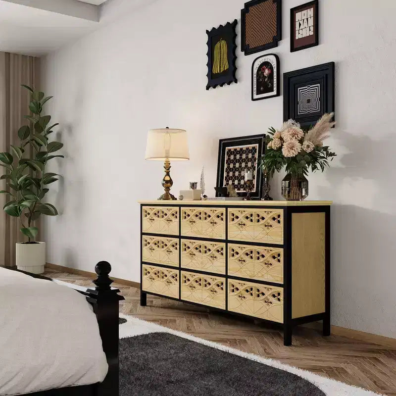 Cassettiera a 9 cassetti con rilievi incisi a mano - Credenza e armadietto multiuso