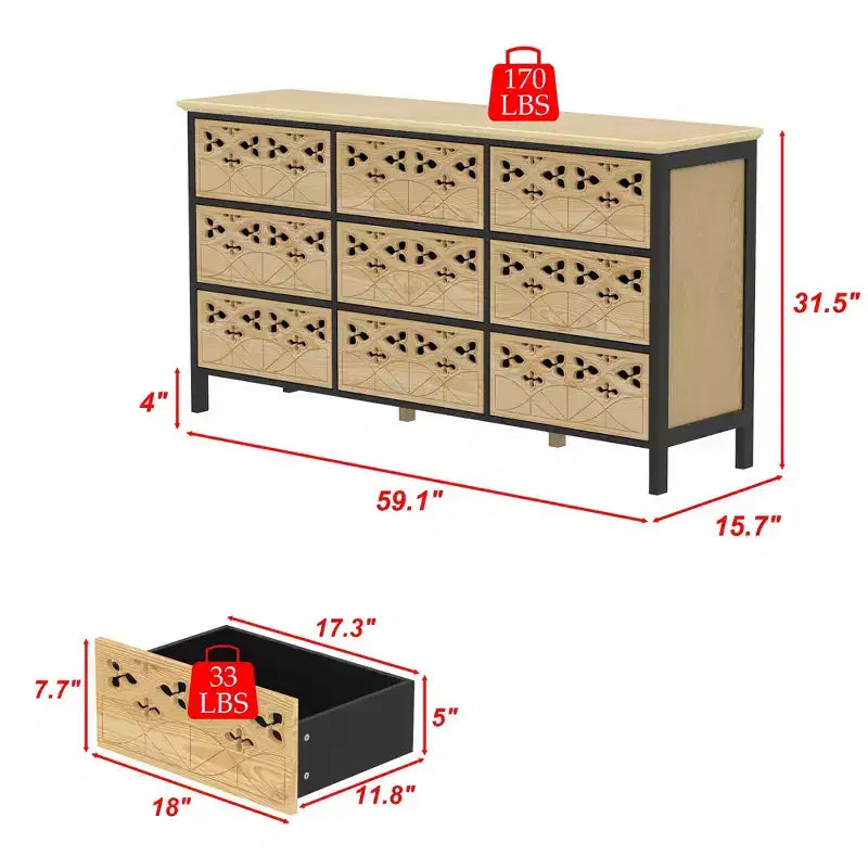 Cassettiera a 9 cassetti con rilievi incisi a mano - Credenza e armadietto multiuso