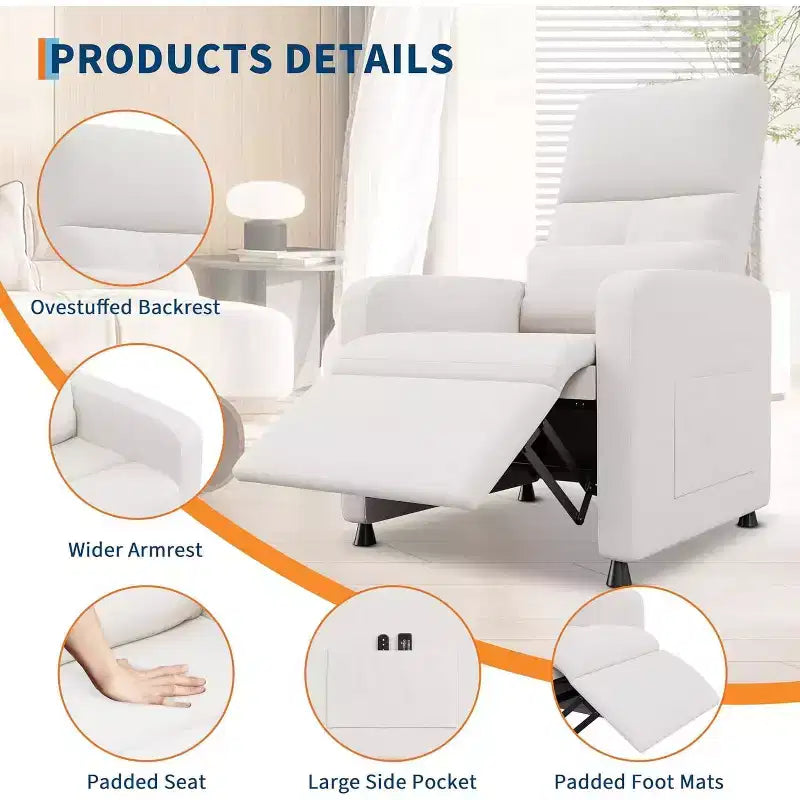 Poltrona Reclinabile Ergonomica Imbottita con Schienale Alto, Tasche Laterali e Sedile Imbottito - Soggiorno