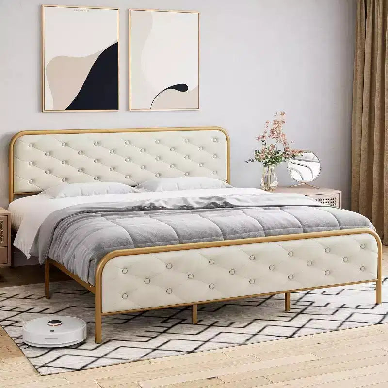 King Size Metal Bed Frame - Heavy Duty Platform Bed Frame with Storage, Steel Supports, No Box Spring Required, Easy Assembly, Noiseless, Gold White
