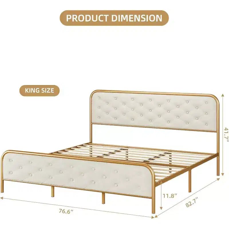 Struttura letto king-size in metallo con piattaforma e contenitore, supporti in acciaio e testiera trapuntata a rombi - Oro bianco