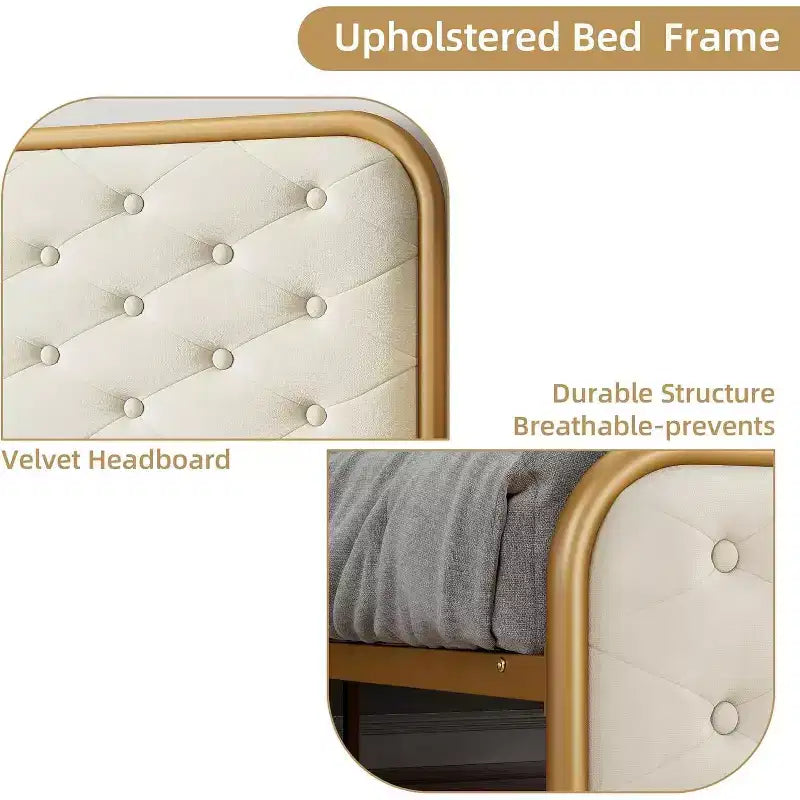 Struttura letto king-size in metallo con piattaforma e contenitore, supporti in acciaio e testiera trapuntata a rombi - Oro bianco
