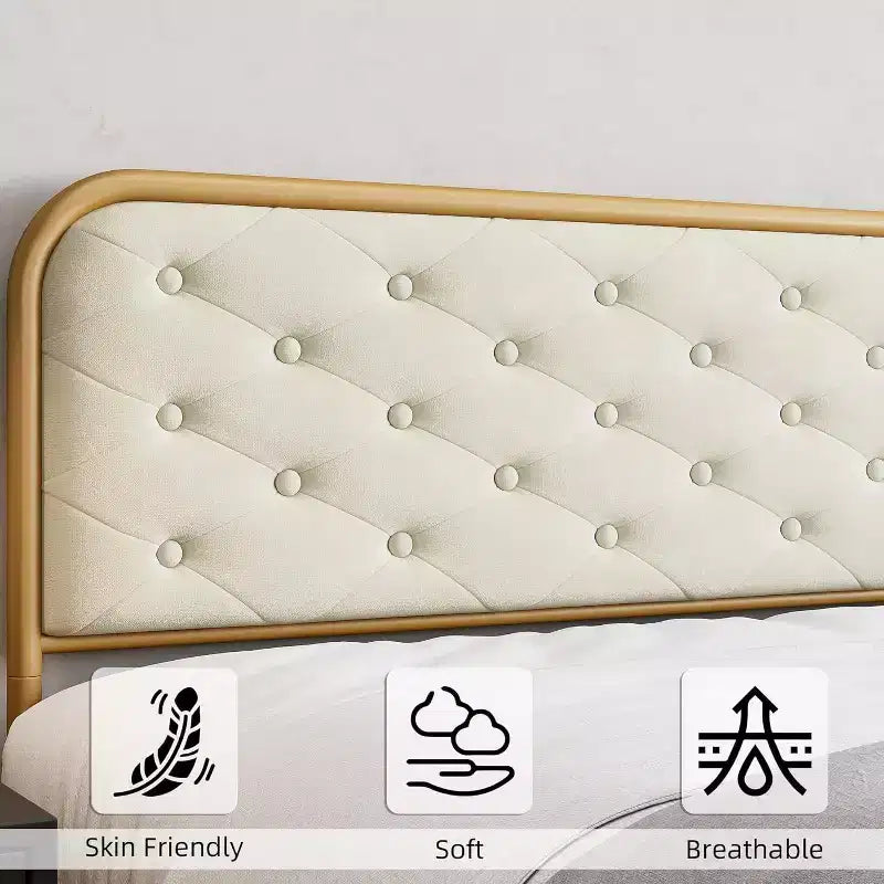 Struttura letto king-size in metallo con piattaforma e contenitore, supporti in acciaio e testiera trapuntata a rombi - Oro bianco