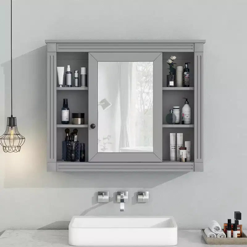 Pensile da Bagno con Specchio e 6 Ripiani Aperti - Contenitore per Medicinali