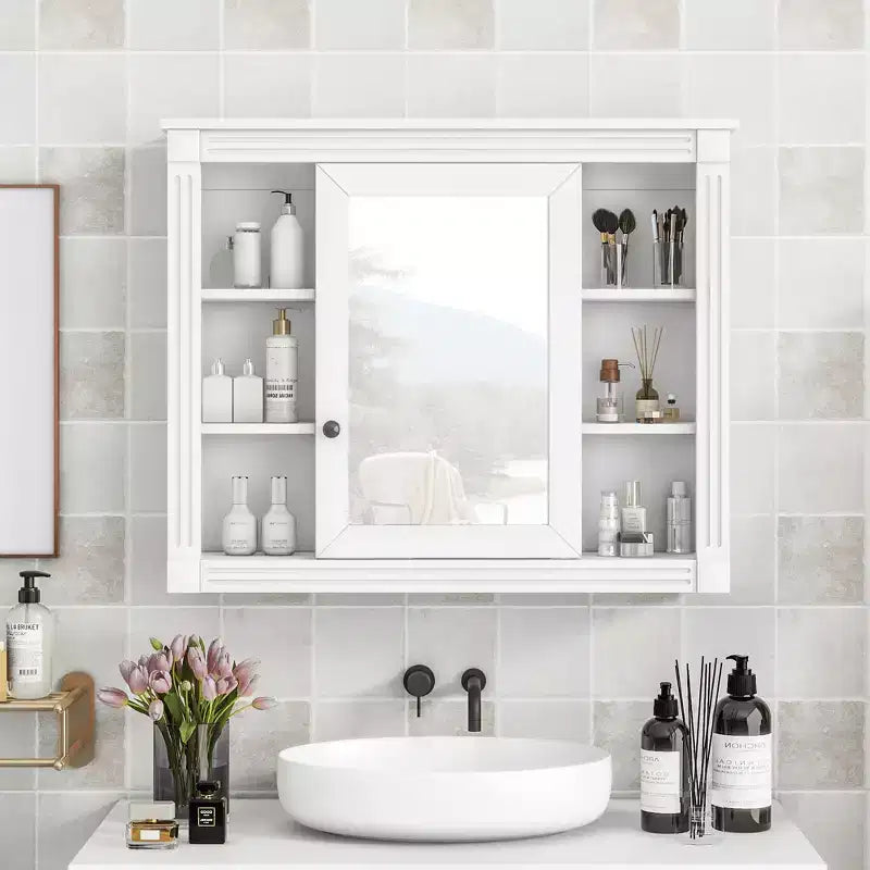 Pensile da Bagno con Specchio e 6 Ripiani Aperti - Contenitore per Medicinali