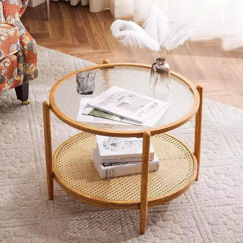 Tavolino da caffè rotondo in rattan da 25,6 pollici con piano in vetro - 2 ripiani portaoggetti