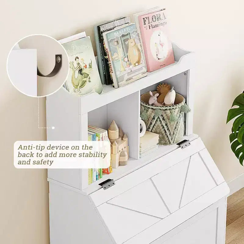 Libreria per bambini in legno a 3 ripiani e organizer per giocattoli con coperchio a ribalta