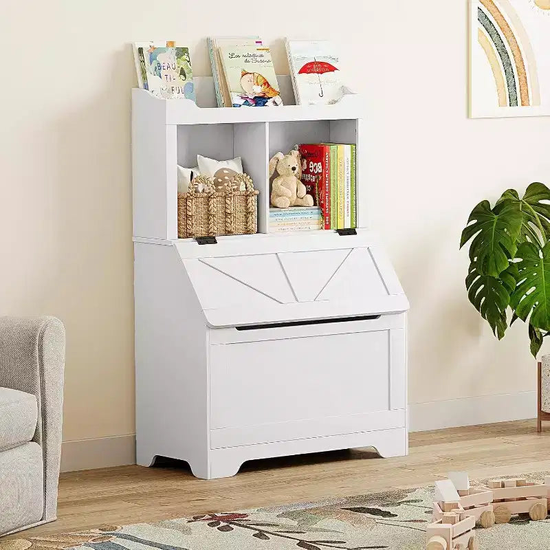 Libreria per bambini in legno a 3 ripiani e organizer per giocattoli con coperchio a ribalta