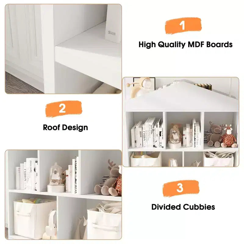 Libreria per bambini in legno a 3 ripiani e organizer per giocattoli con coperchio a ribalta