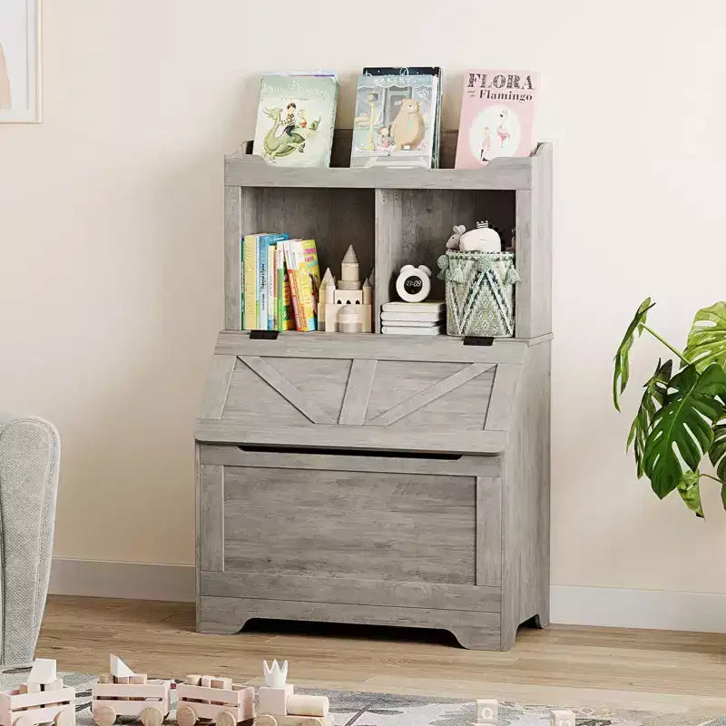 Libreria per bambini in legno a 3 ripiani e organizer per giocattoli con coperchio a ribalta