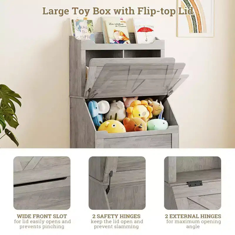 Libreria per bambini in legno a 3 ripiani e organizer per giocattoli con coperchio a ribalta